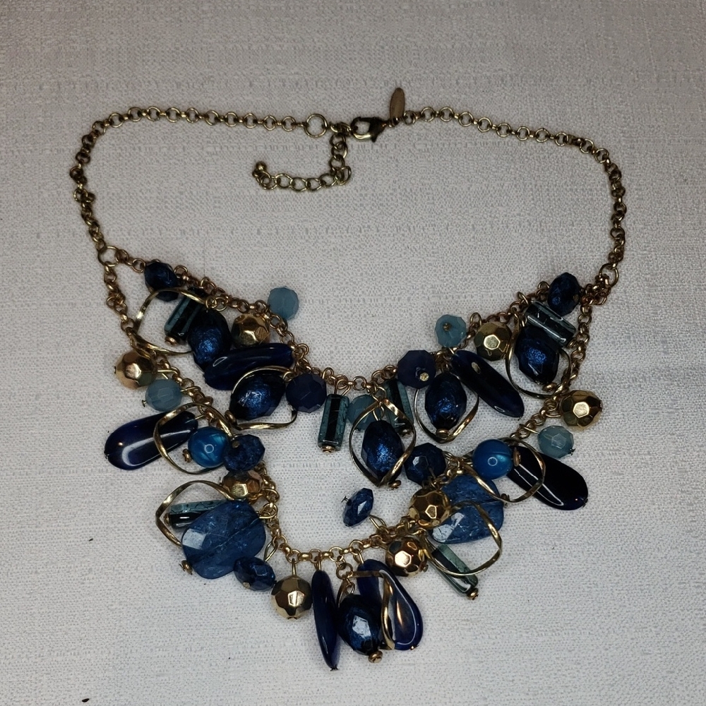 White House Black Market Blue and Gold Statement Necklace